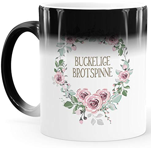 MoonWorks® Zaubertasse Farbwechsel Tasse Blumige Schimpfworte Blumen lustige Bürotasse Geschenk Gag Beleidigungen Buckelige Brotspinne weiß Magic-Tasse
