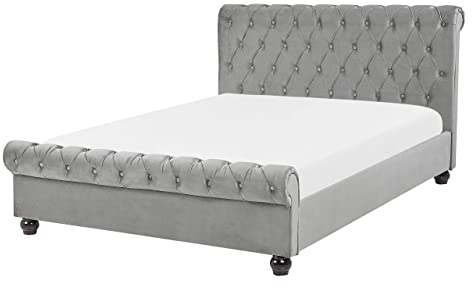 Beliani Stilvolles Bett Polsterbezug Samtstoff Chesterfield Style hellgrau 140x200