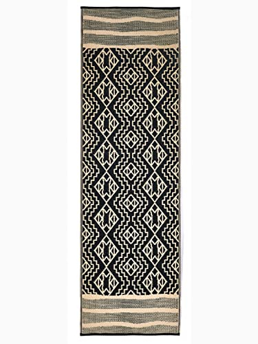 FAB HAB Outdoor-Teppich - wetterfest, farbecht, wendbar - recycelter Premium-Kunststoff - Tribal Boho neutral - Flur, Balkon, Garten, Bad, Terrasse - Läufer Kilimanjaro Schwarz, 75x240 cm