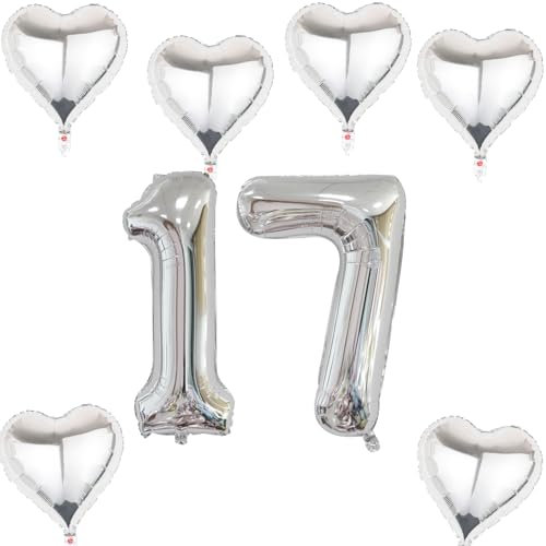 XXL Folienballon 17 Geburtstag, Folienballon Zahl 17, Zahl 17 Silber, Luftballons Zahl 17, Nummer 17 Luftballon Silber, 40 Geburtstagsdeko Ballon 17