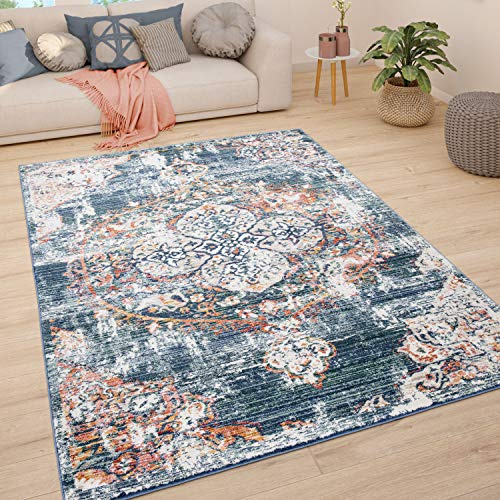 Paco Home Teppich Wohnzimmer Kurzflor Schlafzimmer Moderne Vintage Orient Ornament Muster Pastell Bordüre, Grösse:60x100 cm, Farbe:Blau