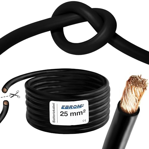 EBROM Câble de batterie très flexible Hi-Flex (Hi Flex) 25 mm² Au mètre en noir - Très flexible Gaine en PVC (70 ± 5 Shore) 100% cuivre 25 mm² Comme câble de démarrage, câble de chargement ou autre