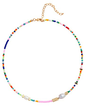 Wellike Freshwater Pearl Beaded Necklace for Women Handmade Boho Colorful Glass Beads Choker Necklace Stainless Steel 18K Gold Plated Bohemian Women Summer Jewelry Gifts (KKWX920AMZ)