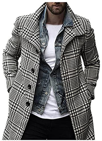FSFA Manteau Long en Laine à Carreaux pour Homme Élégant Col Montant Boutons Veste Coupe-Vent d'hiver Blazer Grande Taille Trench Long Revers Slim Fit Veste De Business Parka Duffle-Coats
