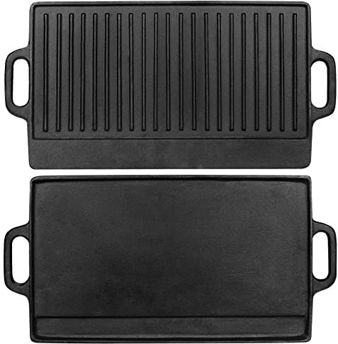 32nd Cast Iron Griddle Plate Suitable for Gas, Electric and Induction Hob, Double Sided Grill Plate with Flat and Ridged Surfaces - 51cm x 23.6cm