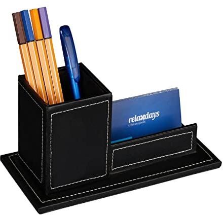 Relaxdays Schreibtisch Organizer mit Stiftebecher & Visitenkartenhalter, Kunstleder, HBT: 10,5 x 20 x 10 cm, schwarz