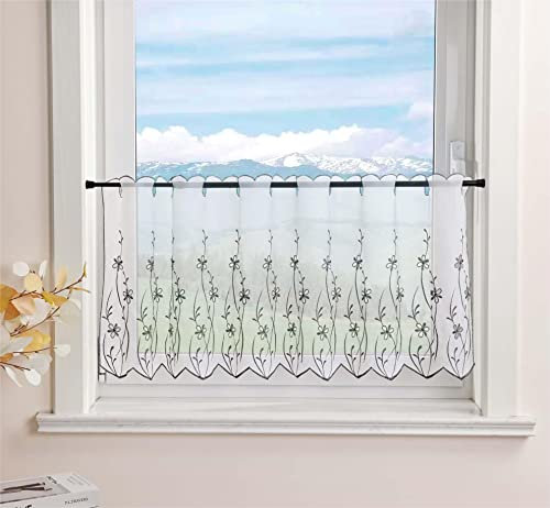 Delien Voile Bistrogardinen für Küche Transparente Scheibengardine Landhaus Kurz Gardine Modern »Blumenzweig« Stores Schals Bestickt Vorhang mit Tunnelzug BxH 140x60cm,Grau