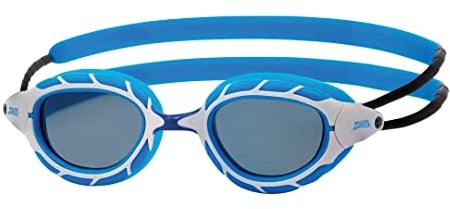 Zoggs Predator Lunettes de natation avec protection UV, sangles de natation à réglage rapide, verres anti-buée pour adulte, ultra ajustés, bleu/blanc/fumé teinté – Coupe régulière