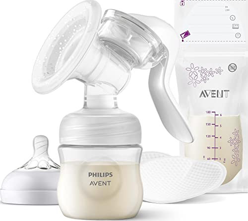 Manual Breast Pump with Natural Motion Technology, Includes 125 ml Natural Bottle and 2x Nursing Pads