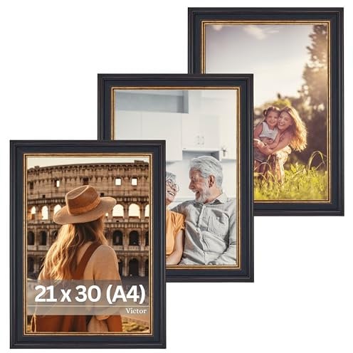 VictoR Bilderrahmen Goya in Schwarz Gold 3er Set in 21x30 cm (A4) - Leiste: 31x19mm - Fotorahmen im Vintage Stil mit bruchsicherem Acrylglas - Bilderrahmen A4 Schwarz