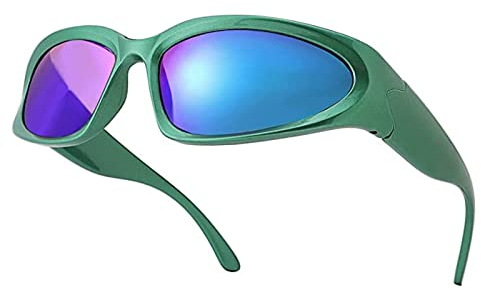 YUELUQU Futuristisch Sonnenbrillen Fahrradbrille für damen herren Y2K Sportbrille UV400 Schutz party brille rennrad brille (Grün(R)-Grün(L))