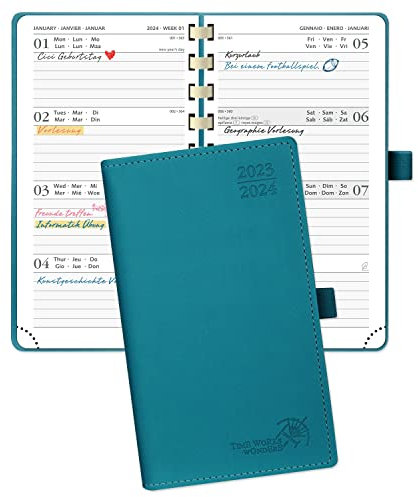 POPRUN Kalender 2023 2024 Klein 16,5 x 9 cm (Aug.2023-Dez.2024) - Taschenkalender 2023/2024 Ringbuch mit Softcover - Terminplaner, Planer 1 Woche 2 Seite mit Kartenschlitz - Pazifikgrün