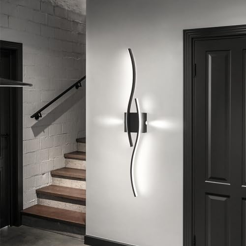 EIDISUNY LED Wandleuchte innen, Moderne schwarze Wandlampen LED Mit Hilfslichtquelle auf beiden Seiten, Kreative geschwungene Wandleuchte für Wohnzimmer Korridor Treppen - 28W kaltweißes Licht 80cm.