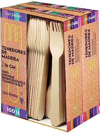 DON PALILLO - 200 Tenedores de madera desechables., 16 cm. 100% natural, ecológico, biodegradable