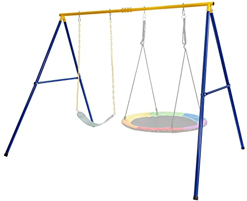 KOMFOTTEU Marco Doble de Metal para Columpio Infantil, Soporte de Bastidor en Forma de A para Niños, Estructura Resistente con Carga hasta 300 kg, con Mosquetones, Estacas, 249 x 185 x 178 cm