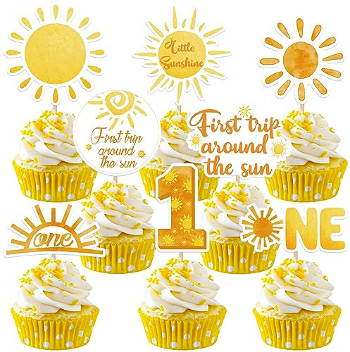 Weecent 48 Pcs First Trip Around The Sun Cake Topper, Sunshine Cupcake Toppers Sun Cupcake Toppers 1st Birthday Decorations for Girls 1st Trip Around The Sun Birthday Party Supplies
