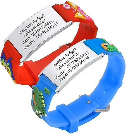 Personalisierte Sicherheitsarmband Kinder - 2 Stück Gravur Edelstahl Tag & Rot Blau Silikonband Armband Anti-Verlust Notfall Armband ID Armbänder mit Telefonnummer für Mädchen Jungen Kleinkind