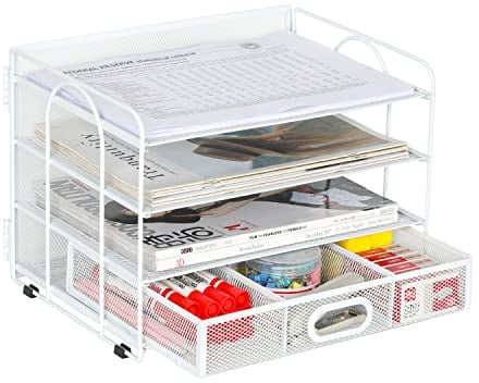 EasyPAG 4 Tier Desktop A4 Mesh Filing Tray Office Desk Tidy File Holder Paper Organiser Magazine Storage Rack with Stationery Drawer,White