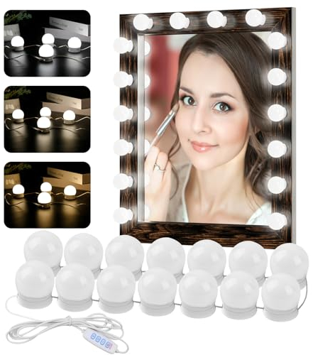 Weinsamkeit 14 Glühbirnen LED Eitelkeitslichter für Spiegel, Eitelkeitslichter mit 3 einstellbare Farbe & Helligkeit, USB-Kabel, Spiegel Lichter Stick auf für Make-up-Tisch (kein Spiegel enthalten)
