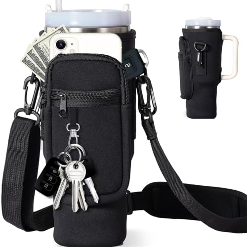 Deiksuir Stanley Wasserflaschen-Tragetasche, 1,2 l, schwarzes Stanley-Becher-Zubehör, multifunktionale Flaschentasche mit Handyfach, Kartenfach, Bergsteiger-Schnalle und Schlüsselanhänger.