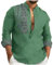 Men's Cotton Linen Shirt Half Button Up V Neck Henley Shirts Long Sleeve Vintage Floral Print T-shirt Casual Loose Fit Tops Lightweight Plain Dress Shirts Blouse UK Clearance Size S-3XL