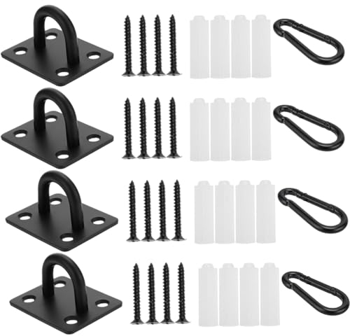 Bbborvox 4 Pcs M6 Oblong Pad Eye Plate and 4Pcs Carabiner Clips Pad Eye Plate Ceiling Hooks Heavy Duty Eye Hooks Hook and Eye Black Screw Hooks D Rings Heavy Duty Heavy Duty Ceiling Hook