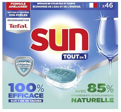 SUN - pastilles lave-vaisselle Tout en 1 Hygiène - 46 tablettes - avec 85% d'ingrédients d'origine naturelle - 100% efficace sur + de 99 taches