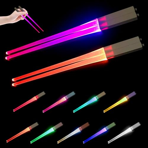 LYPPUL 2 Paar Leuchtende Essstäbchen, LED Leuchten Lichtschwert mit 9 Farbmodi, Lichtschwert Chopstick Lightsaber Chopsticks Wiederverwendbare für Sushi, Zuhause, Feiern