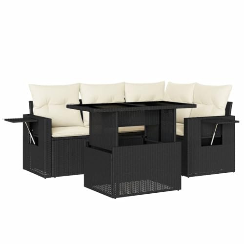 vidaXL Garten Sofa Garnitur 5-TLG., Gartenmöbel Set mit Kissen Modular, Lounge Sitzgruppe für Garten Terrasse, Gartentisch Verstellbare Tischplatte, Schwarz Poly Rattan
