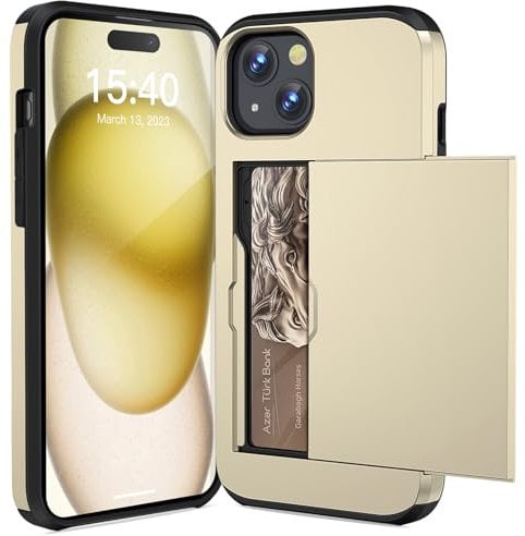 ACOCOBUY for iPhone 15 Case with Card Holder Sliding Cover Hidden Pocket IDs Credit Cards Slot Heavy Duty Shockproof Protective Dual Layer Wallet Phone Cover Back Shell for Men Women 6.1 inch Gold