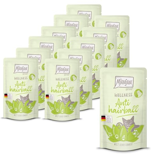 MjAMjAM - Premium Nassfutter für Katzen - Wellness - Anti Hairball - Huhn, 12er Pack (12 x 125g), getreidefrei