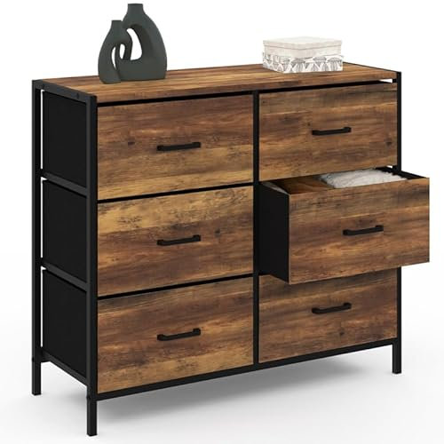 IDMarket - Kommode mit 6 Schubladen aus PALPAT-Stoff, 80 cm, Antik-Holzoptik, Aufbewahrungsmöbel, industrielles Design