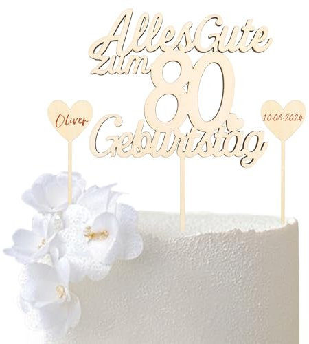 GoldRock Tortendeko 80. Geburtstag für Mann und Frau - Holz Kuchendeko, Alles Gute zum 80. Cake Topper, Kuchen Deko