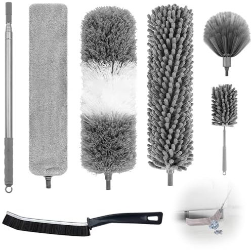 8 plumeros telescópicos lavables, de microfibra, extralargo, 2,5 m, flexibles, con mini cepillo para juntas, quitatelarañas, para huecos, techos, telarañas, color gris