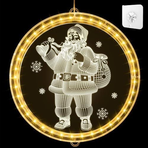 VicBou Weihnachten Dekorative Fenster Licht, 24cm Weihnachtsbeleuchtung innen Fenster Hängende Weihnachtsdeko Lichterketten für Zimmer Garten Balkon Weihnachten Innen Deko (24cm Weihnachtsmann)