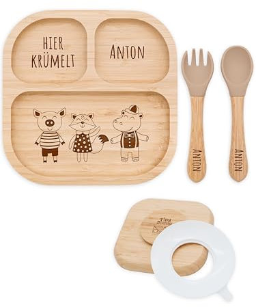 Bärenfreunde® - Personalisierter Teller Mit Saugnapf - Praktisches Beikost Zubehör Mit Namen - Baby Teller Rutschfest - Personalisierte Geschenke (Schwein Fuchs Nilpferd)