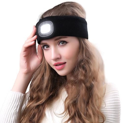 Funmo LED Stirnband mit Licht, Wiederaufladbare USB Lauf Stirnbänder, Geschenke für Unisex Kinder Scheinwerfer-Mütze Weihnachten für Radfahren, Camping, Wandern(Schwarz)