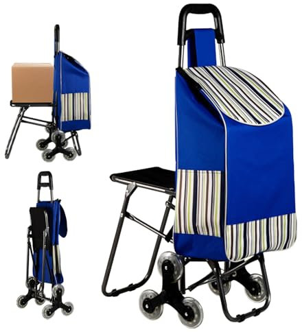 Utaxuper Einkaufstrolley mit Sitz 3 Rollen Multifunktions Schwerer Einkaufswagen Trolley Reppensteigend Ergonomischer Handgriff Einkaufen Ziehen Täglichen Ladung (Blau)