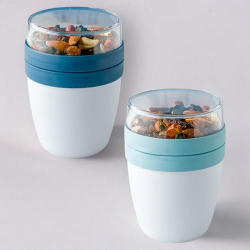 4All BPA FREE MIXME Cereal Cups to GO 650ml Cereal Storage containers With Lids and Spoons Leak Proof Overnight Oats Jars, Yogurt Pots With Lids (Pack 2 Navy-Blue)