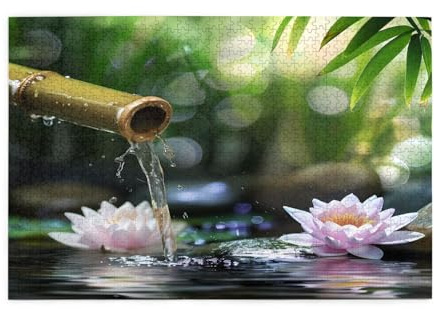 Mexpekil 1000 Teile Puzzles für Erwachsene Japanische Zen Wasserlilie Lotus Bambus Holzpuzzles Herausfordernde Puzzlespiele für Jugendliche Geschenke