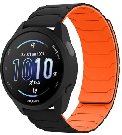 Hinnwer 20mm Armband Kompatibel mit Garmin Forerunner 570 42mm/Garmin Vivoactive 6/Vivoactive 5/Forerunner 165, Doppelseitiges Magnetische Silikon Ersatzarmband für Venu Sq 2 SchwarzOrange