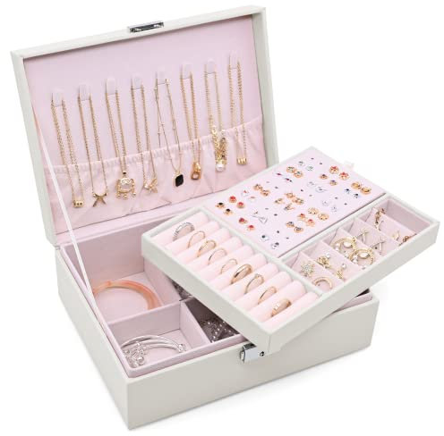 Sciphylia Schmuckkästchen 2 Schichten Pu-Leder Schmuckaufbewahrung für Mädchen Frauen Grosse Kapazität Tragbar Abschließbar Reise Schmuckkästchen für Ringe Ohrringe Halskette Armbänder, Weiß