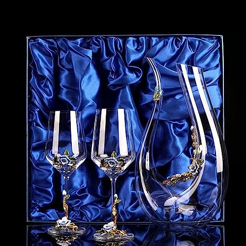 Copas de vino, cristalería for beber, copas de vino esmaltadas pintadas a mano, copa de dureza fuerte con flor esmaltada, copa de cristal sin plomo, copa de vino de 450 ml, jarra de 1500 ml, caja de r