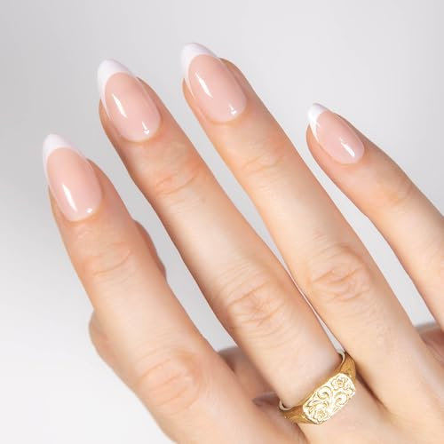 MOYOU LONDON Gel Press On Nails - Elegant Short Almond French Tip False Nails, Long-lasting & Comfortable Soft Fake Nails with Glue, Reusable Natural Stick On Nails for Women, 32 Pcs in 16 Sizes