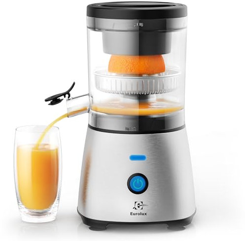 Eurolux Electric Citrus Juicer Stainless Steel | Premium Hands-Free One-Touch Orange Juice Squeezer for Oranges, Lemons, and Limes | Quiet Operation, Easy to Clean, Countertop Small Kitchen Appliance