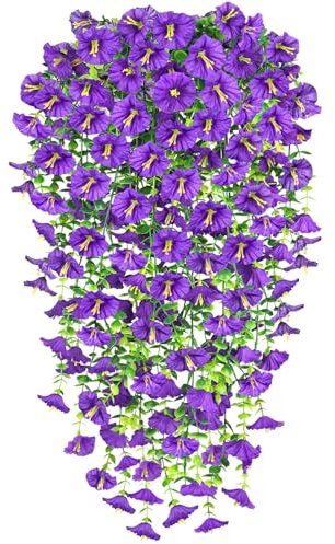 Yueshop 2 PCS Artificial Hanging Flowers, UV-Resistant Trailing Realistic Morning Glory Fake Artificial Plants Imitation Flowers for Home Garden Yard Patio Wedding Outdoor Indoor Decor(Purple)
