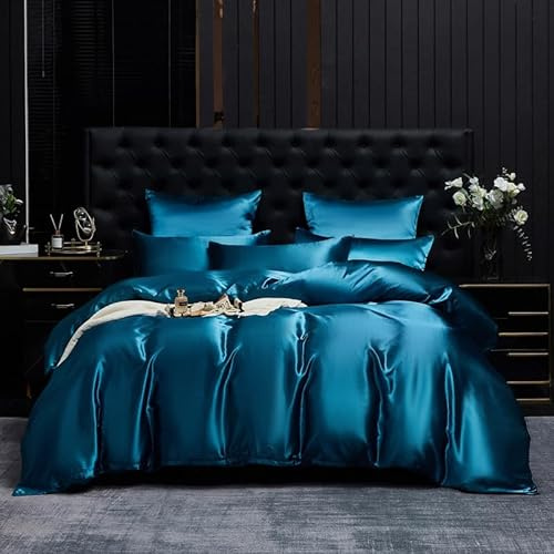 Gezu - Set copripiumino in satin 240x220 cm, colore blu scuro, set completo di lenzuolo con 2 federe 65x65 con cerniera, biancheria da letto satinata liscia e lucida, morbida, per 2 persone