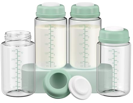 Breastmilk Storage Bottles Collection Bottles, 10oz Wide-Neck Breast Milk Container Compatible for Spectra S1 S2 SG Motif Luna Breast Pumps, Fit for 22oz Breast Milk Cooler & Fridge, 4 Packs-Green