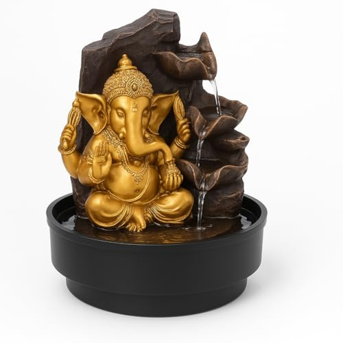 Fontaine décorative Ganesha, statue dorée avec base noire, design zen, 21,5 x 21,5 x 28,5 cm
