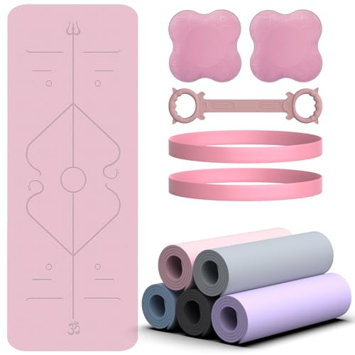 Soontrans Yoga Matte 183x68CM, Yogamatte Rutschfest 8 mm Dicke, TPE, Gymnastikmatte mit Widerstandsbänder, Kniekissen, Expander, Sportmatte Fitnessmatte Trainingsmatte Pilates Matte (Rosa)